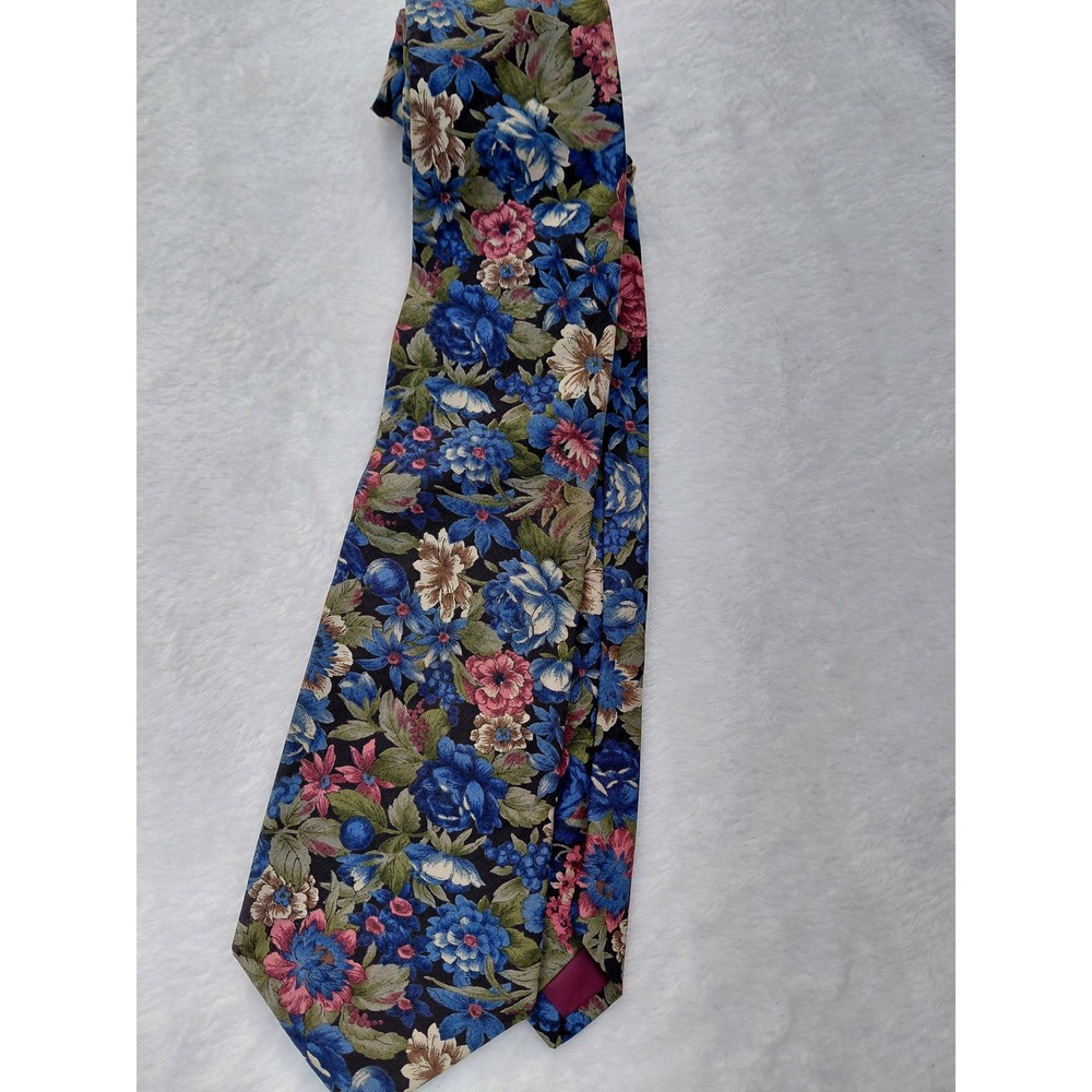 Lazarus Mens Vintage Floral Silk Blend Necktie Blue Pink Botanical Print Tie